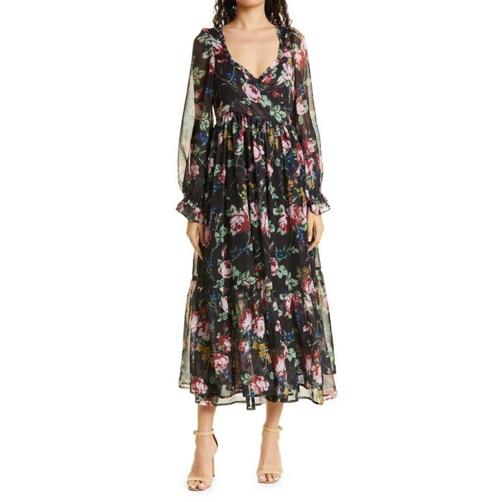 BYTIMO Floral Wrap Bodice Long Sleeve Chiffon Dress In Rose Field NWOT